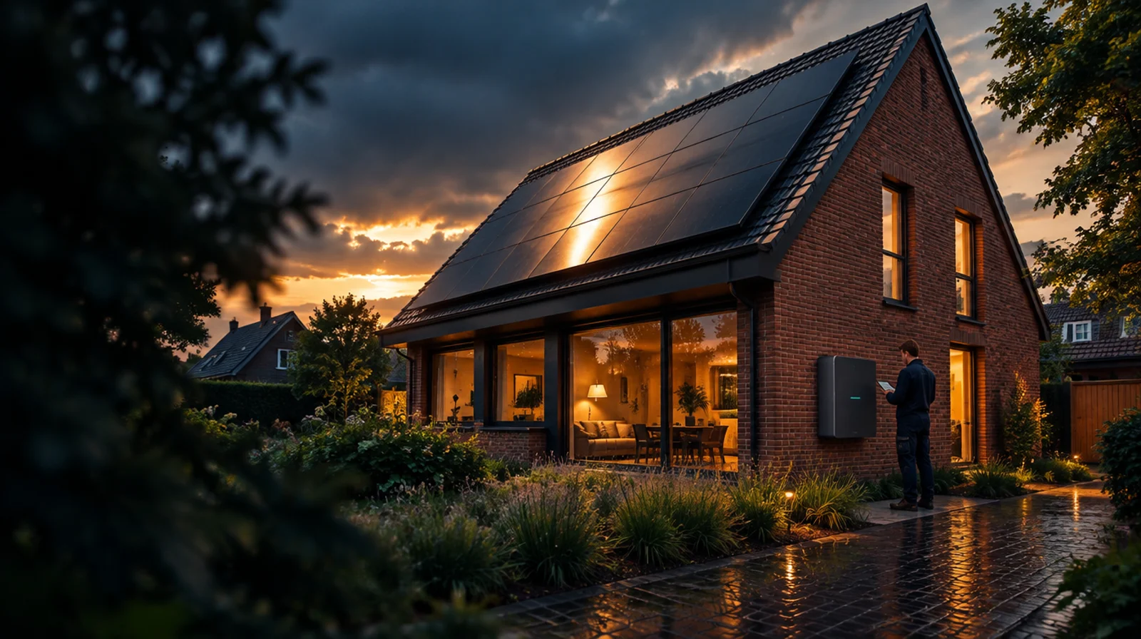 Een Nederlandse woning met zonnepanelen in het avondlicht