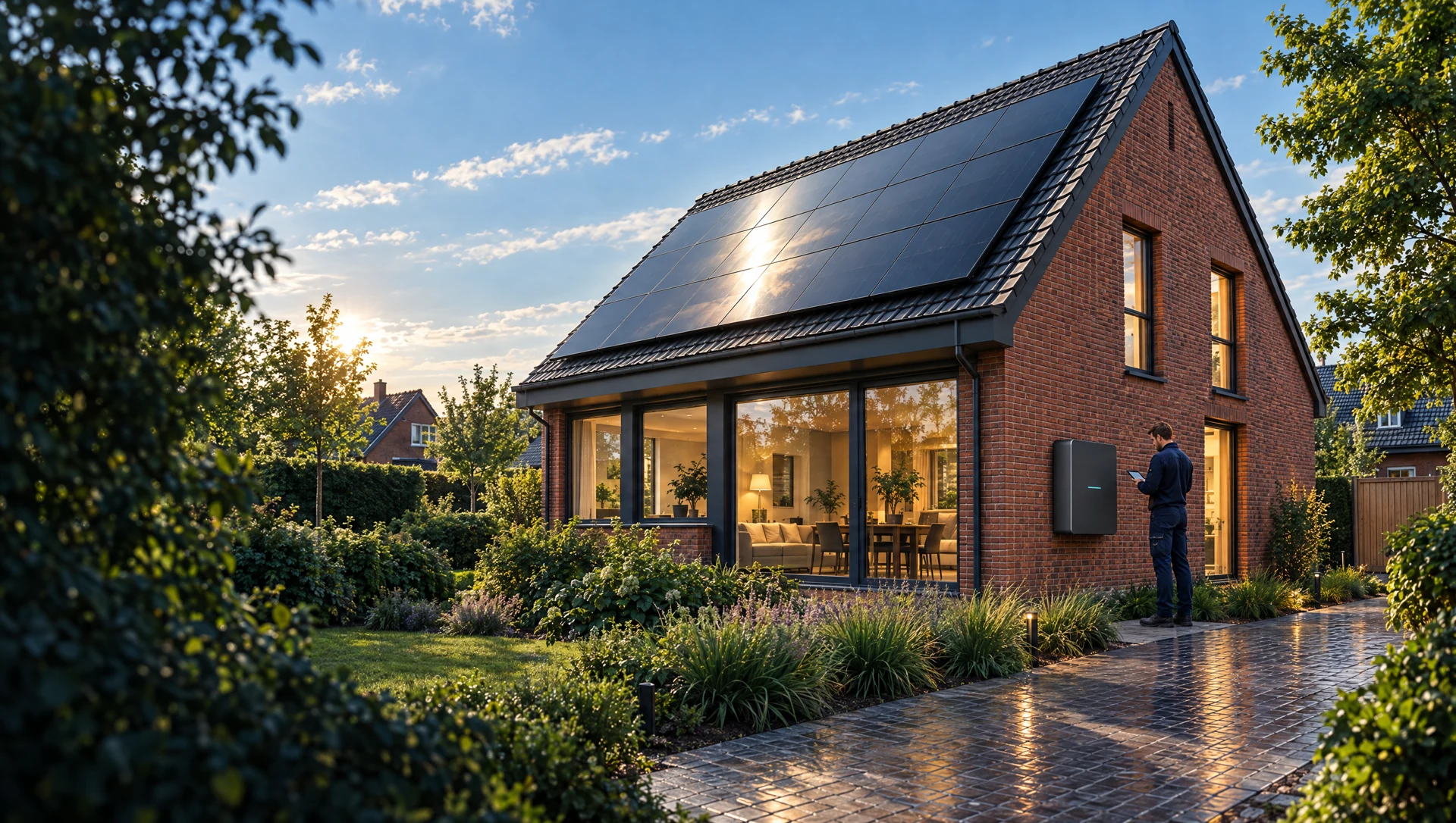 Illustratieve Nederlandse woning met zonnepanelen, een thuisbatterij en een installateur